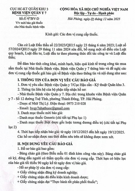 Bệnh viện Quân y 7, Cục Hậu cần - Kỹ thuật Quân khu 3 thông báo 